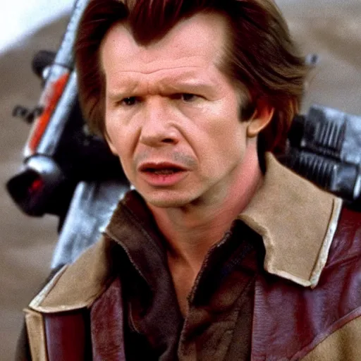 Prompt: film still of Gary Oldman as Han Solo in Star Wars 1977