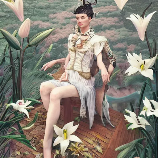 Image similar to pretty model with white wolf, white lilies : : by martine johanna and simon stalenhag and chie yoshii and casey weldon and wlop : : ornate, dynamic, particulate, rich colors, intricate, elegant, highly detailed, vogue, wolf, harper's bazaar art, fashion magazine, smooth, sharp focus, 8 k, octane render