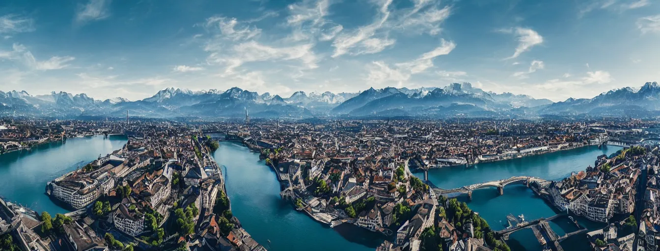 Image similar to Photo of Zurich, looking down the Limmat and the lake and the alps, wide angle, volumetric light, hyperdetailed, light blue water, artstation, cgsociety, 8k