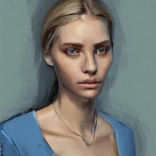 Image similar to Portrait of a woman by Greg Rutkowski, she is about 30 years old, pretty, blond hair with two strans around her face, slavic features, melancholic gaze, pretty aquiline nose, she is wearing a blue utilitarian jumpsuit, highly detailed portrait, digital painting, artstation, concept art, smooth, sharp foccus ilustration, Artstation HQ.