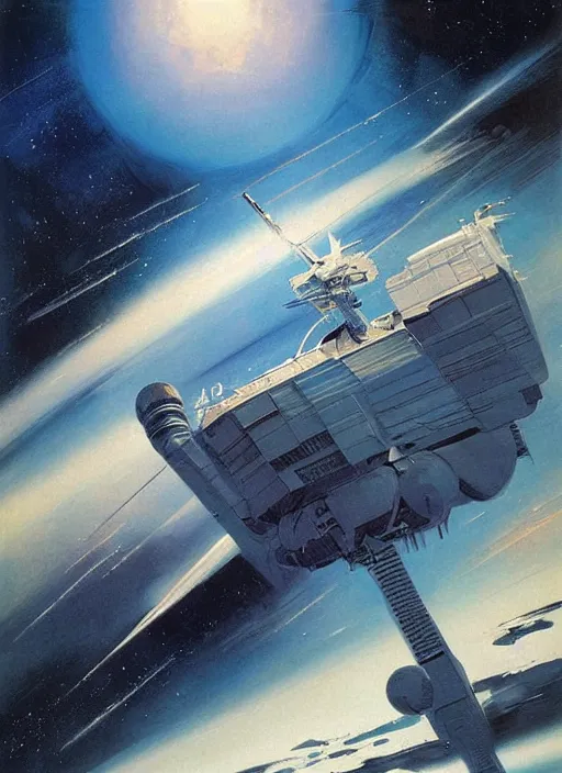 Image similar to understated. distant. negative space dominant. vast. empty. spacious bg. minimalistic piece. simplified environment. lonely cosmos. single ship as main subject. masterpiece book cover illustration by the great famous sci - fi artist john berkey.