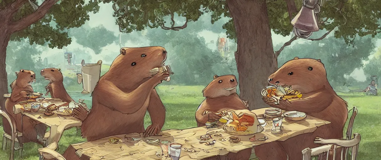 Prompt: a beautiful illustration of a strange anthropomorphic beaver robot hybrid having lunch in the park by James Jean | comic book:.7 | unreal engine:.3