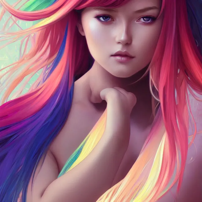 Image similar to full body portrait, a beautiful symmetrical gorgeous anime girl, rainbow hair, attractive, casual, modern, victoria's secret, highly detailed, digital painting, artstation, concept art, smooth, sharp focus, illustration, art by artgerm, greg rutkowski and alphonse mucha, 8 k,