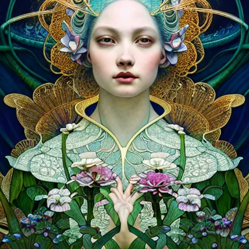 Prompt: a beautiful empress, intricate, elegant, hyper detailed, finely detailed beautiful angelic symmetry face delicate, smooth, sharp focus, award - winning, masterpiece, in bloom greenhouse, shining light came in through the window, style of tom bagshaw, cedric peyravernay, peter mohrbacher, louis comfort tiffany, victo ngai, 4 k hd illustrative wallpaper