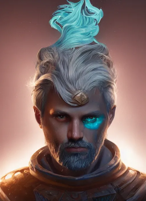 Image similar to an epic fantastic realism comic book style portrait painting of an aasimar paladin, male, silver hair, short brown beard, d & d concept art, unreal 5, daz, teal aesthetic, octane render, cosplay, rpg portrait, dynamic lighting