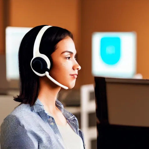 Prompt: a robot in a callcenter with a headset with a microphone on, humans in the background, photo