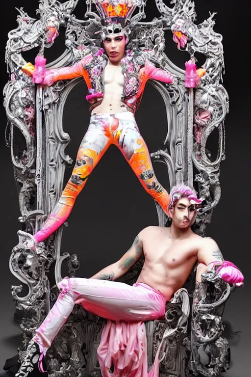Prompt: full-body rococo and cyberpunk style neon statue of a muscular attractive Zayn Malik macho dotado e rico android sim roupa reclining con las piernas abertas e la piroca dura, ethereal white dripping tar, glowing orange lasers, pink tigers, glowing eyes, silver prince crown, black gears, pink diamonds, swirling mint-colored silk fabric. futuristic elements. full-length view. human skulls. large intricate artwork by caravaggio. Trending on artstation, octane render, cinematic lighting from the right, hyper realism, octane render, 8k, depth of field, 3D