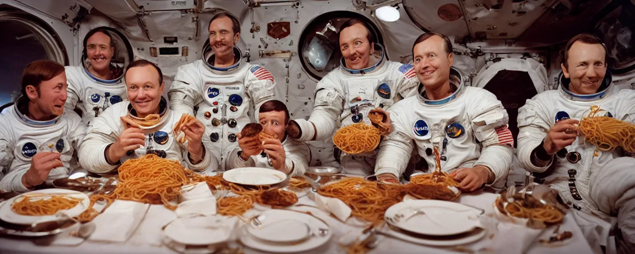 Image similar to apollo 1 1 astronauts eating spaghetti in space, ultra - realistic faces, fine detail, anon 5 0 mm, in the style of diane arbus, in the style of wes anderson, kodachrome, retro