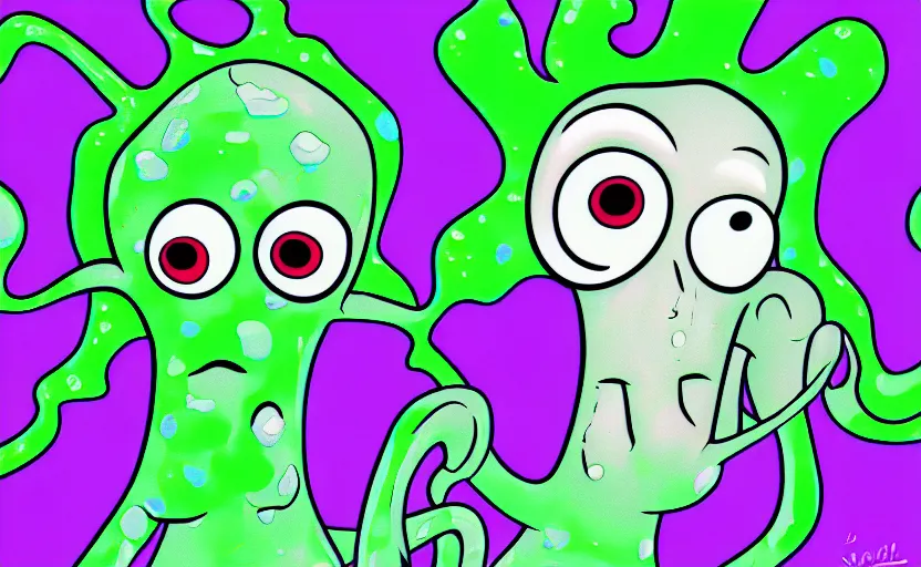 Image similar to squidward taking an acid trip, digital painting