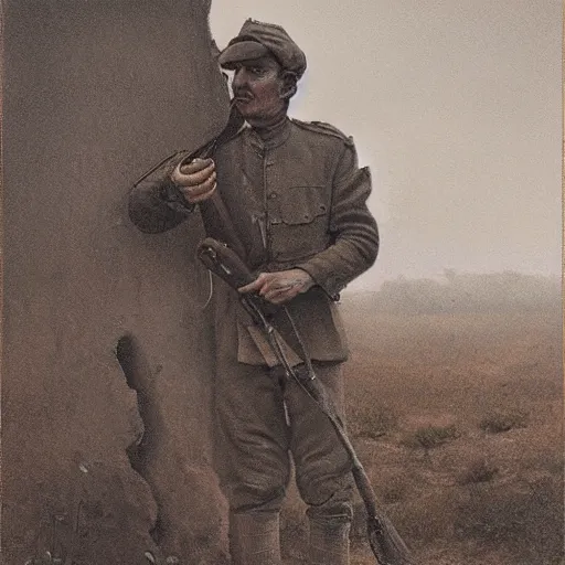 Image similar to a detailed photorealistic sepia - toned color portrait painting of a 1 9 1 7 worried clean - shaven british lieutenant in field gear in north arabia examining an ancient cylindrical clay jar, ultra realistic, intricate details, atmospheric, dark, horror, brooding, highly detailed, by clyde caldwell