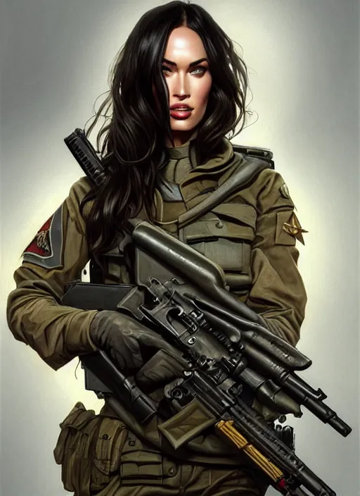 Image similar to portrait of megan fox as soldier, uniform, g 3 6, gun, camouflage, intricate, headshot, highly detailed, digital painting, artstation, concept art, sharp focus, cinematic lighting, illustration, art by artgerm and greg rutkowski, alphonse mucha, cgsociety