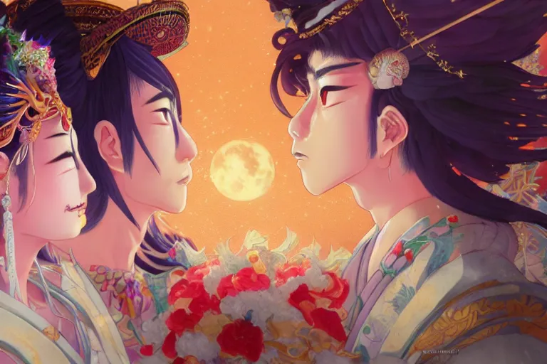 Image similar to close up moment of a divine a japan sun god and a moon goddess lovers magician at a wedding banquet, highly detailed, genshin, fantasy, 4 k realistic, digital painting, trending on artstation, concept art, sharp focus, illustration, art by makoto shinkai and akihiko yoshida and daniel gerhartz