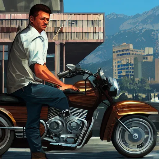 Prompt: Volodymyr Zelensky in GTA V, cover art by Stephen Bliss, artstation, no text