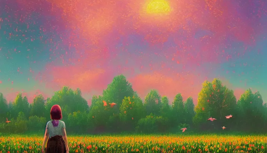 Prompt: girl with an blooming flower face, surreal photography, dream, standing in flower field, hills, big trees, sunrise dramatic light, impressionist painting, colorful clouds and birds in sky, digital painting, pointillism, artstation, simon stalenhag