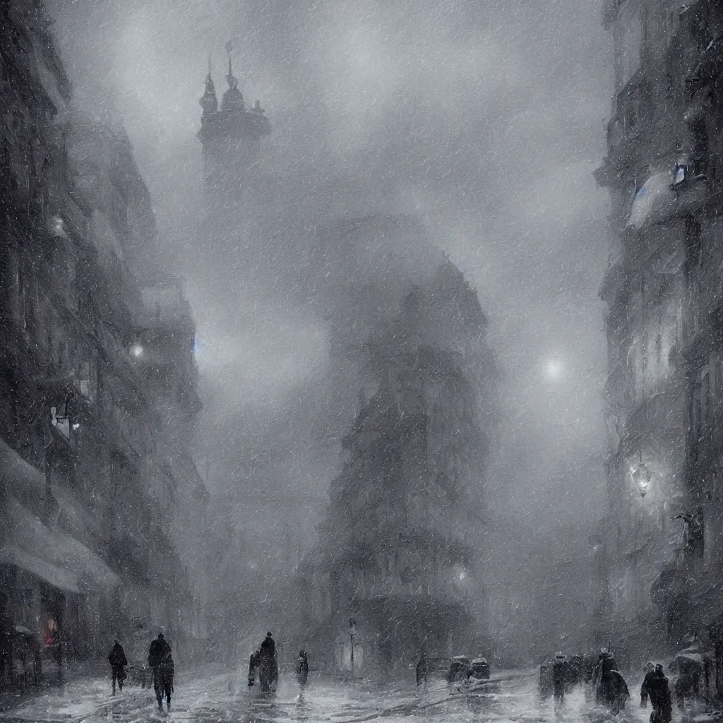 Image similar to 1 9 2 0 s warsaw during an arctic storm, dark, digital art, by james gurney