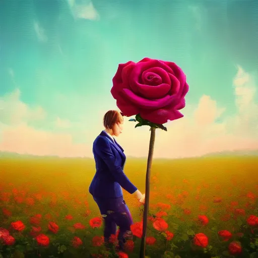 Image similar to closeup, giant rose flower head, frontal, girl in a suit, surreal photography, sunrise, blue sky, dramatic light, impressionist painting, digital painting, artstation, simon stalenhag