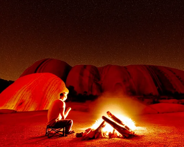 Image similar to close - up of man sitting playing medicine drum at campfire under cosmic night sky with uluru in background, global illumination radiating a glowing aura global illumination ray tracing hdr render in unreal engine 5, dramatic atmospheric volumetric lighting