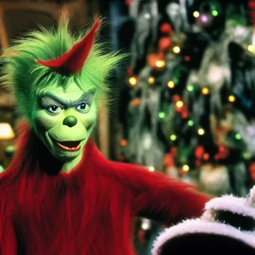 Prompt: David Bowie as The Grinch, live action movie, 70mm, 1968
