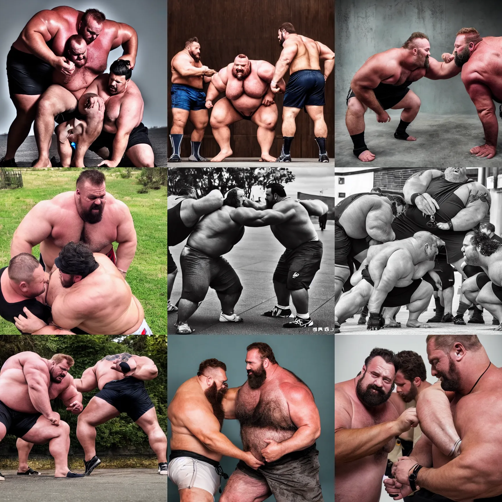 Prompt: big beefy burly strongmen voreing each other, dad energy, wholesome, brotherhood, photography, high resolution, very detailed, clear, smooth, manly, epic