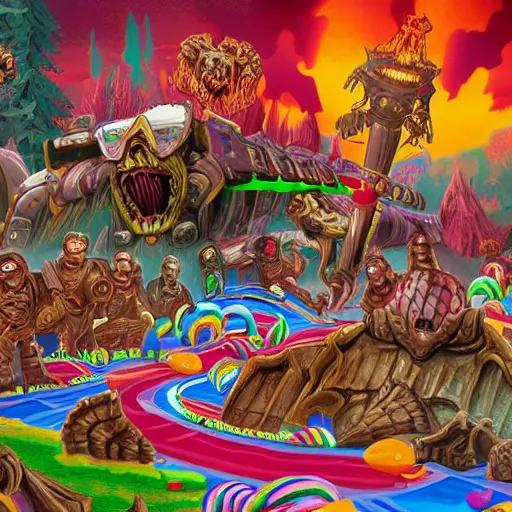 Prompt: the Doomslayer's adventure in Candy Land, 4k, highly detailed, digital art