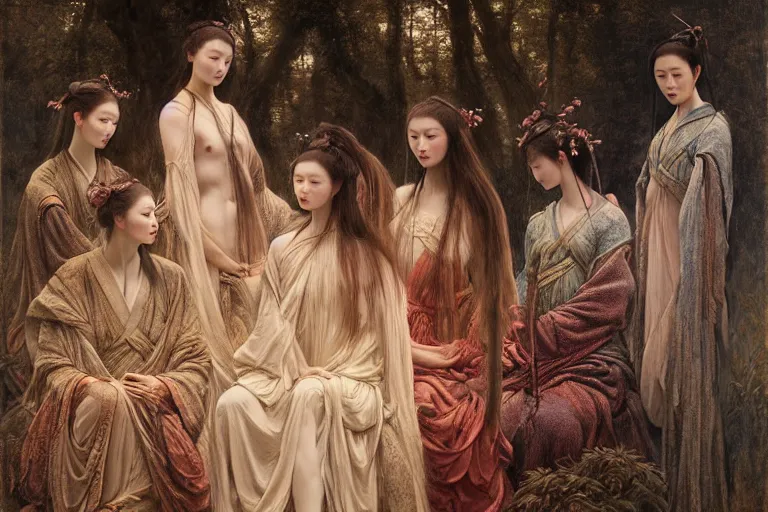 Prompt: wuxia, forest, moonlight, intricate beautiful faces, painting by gaston bussiere, agostino arrivabene, vanessa beecroft, anka zhuravleva, mary jane ansell