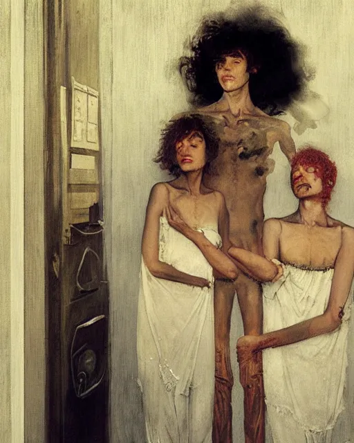 Image similar to two handsome but creepy young people in layers of fear, with haunted eyes and curly hair, 1 9 7 0 s, seventies, wallpaper, a little blood, moonlight showing injuries, delicate embellishments, painterly, offset printing technique, by coby whitmore, jules bastien - lepage, mary jane ansell