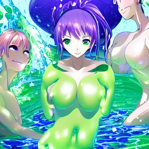 Image similar to a beautiful green slimegirl woman emerging from the center of a pool of slime in a bright white hallways, anime key visual