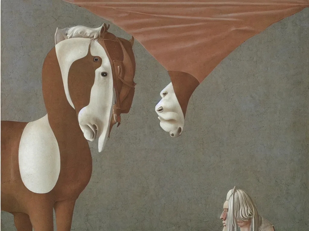 Prompt: Horse star on the forehead. Giant conch shell. Painting by Alex Colville, Piero della Francesca