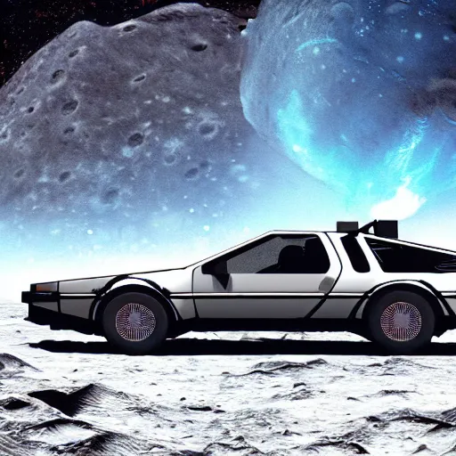 Prompt: digital art, trending on artstation, a delorean on the moon ground with views of the earth in the background