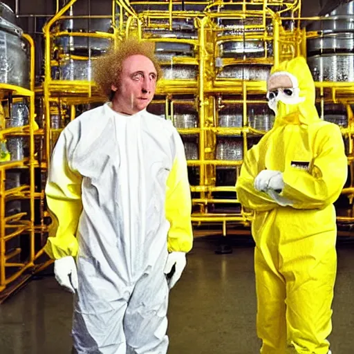 Image similar to Gene Wilder and Walter White in yellow hazmat suits, in the chocolate factory, photorealism, 8k