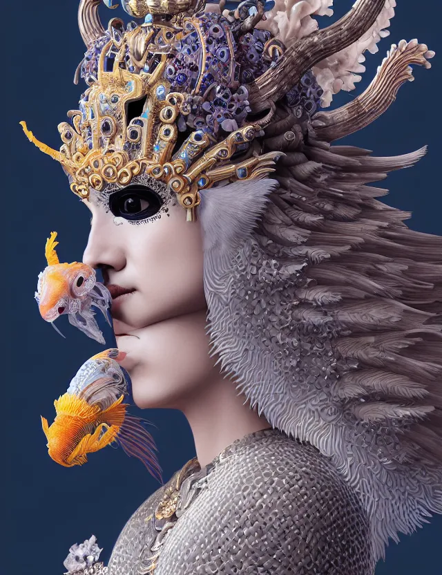 Image similar to 3 d goddess close - up profile portrait with crown, ram skull. beautiful intricately detailed japanese crow kitsune mask and clasical japanese kimono. betta fish, jellyfish phoenix, bio luminescent, plasma, ice, water, wind, creature, artwork by tooth wu and wlop and beeple and greg rutkowski