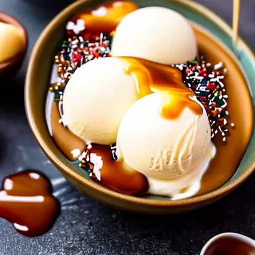 Prompt: closeup of a bowl with three balls of vanilla ice cream covered with caramel sauce and sprinkles. Simplistic.