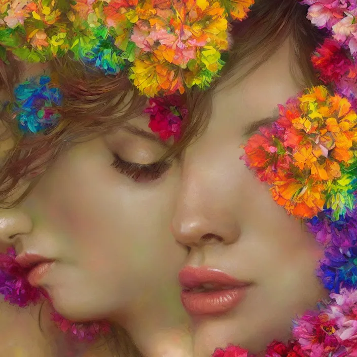 Prompt: portrait of women hugging made of colorful rainbow fractal flowers hugging , closeup character portrait art by Donato Giancola, Craig Mullins, digital art, trending on artstation