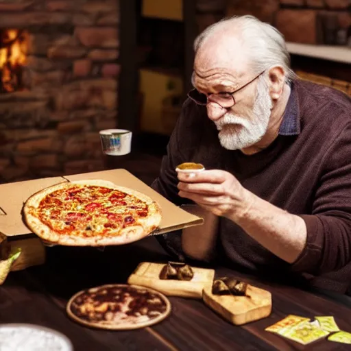 Prompt: a grumpy old danish man with long black hair eating pizza while DMing an AD&D game, D&D, rogue, dark hair, skinny, middle aged, dice, dungeons & dragons, cape