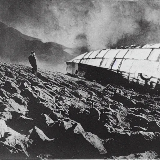 Prompt: old black and white photo, 1 9 1 3, depicting scientists around an alien starwarship wreck in the rocky mountains, historical record