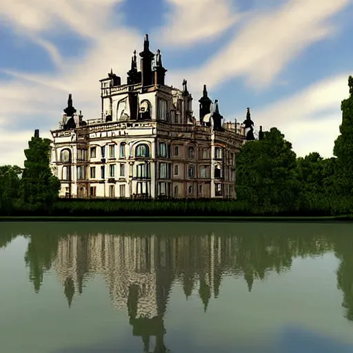 Prompt: Digital art of a large victorian palace on the edge of a lake. Realistic. Highly detailed.