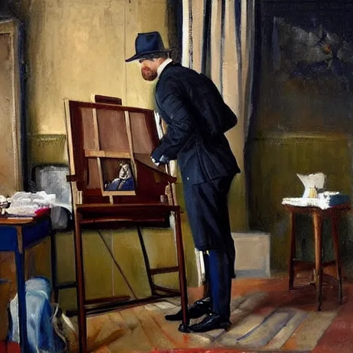 Prompt: mcgregor is dressed as a gentleman at early 2 0 th century paris. he is watching an easel. that easel has a canvas on it. ewan mcgregor has a brush on his hand. he is painting a painting. we can see his back. no background.