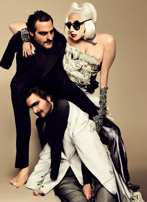 Image similar to lady gaga and joaquin phoenix styled by nick knight posing, full body shot, set pieces, intricate set, vogue magazine, canon, highly realistic. high resolution. highly detailed. dramatic. 8 k. 4 k.