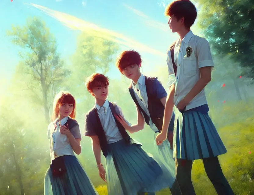 Image similar to a beautiful fashion big eye girl wear flashy dress and a handsome boy wear school uniform in festival | | sunny, dreamlike art, mist, realistic shaded, smile, good looking, fine details, 4 k realistic, cryengine, realistic shaded lighting poster by greg rutkowski, magali villeneuve, artgerm, jeremy lipkin and michael garmash and rob rey