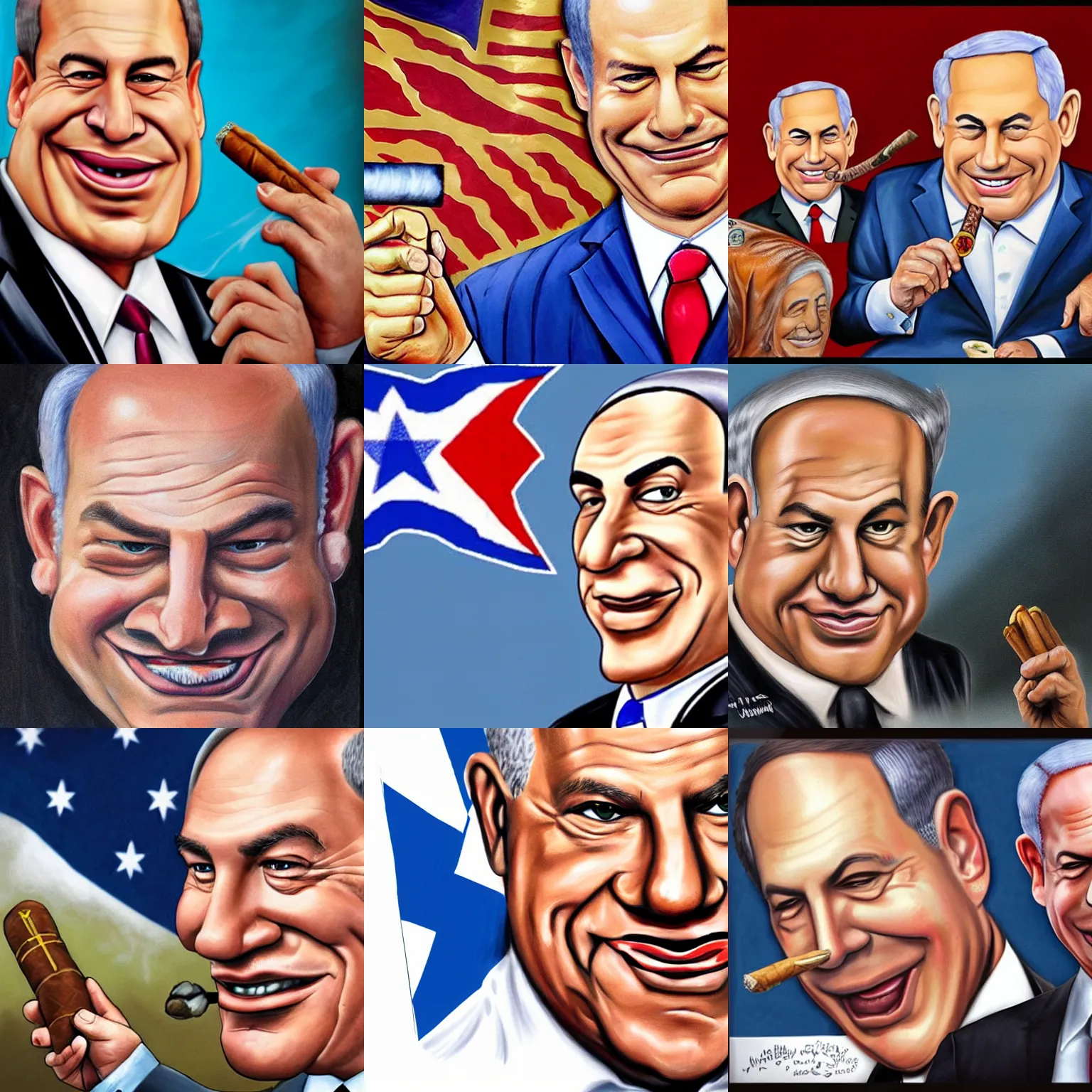 Prompt: an airbrushed caricature portrait of smiling netanyahu holding a cuban cigar