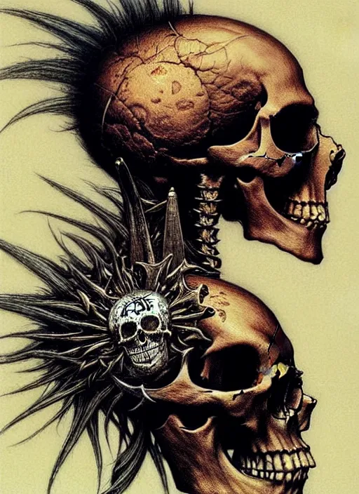 Image similar to a side view of skull with punk mohawk, highly detailed, art by Ayami Kojima, Beksinski, Giger