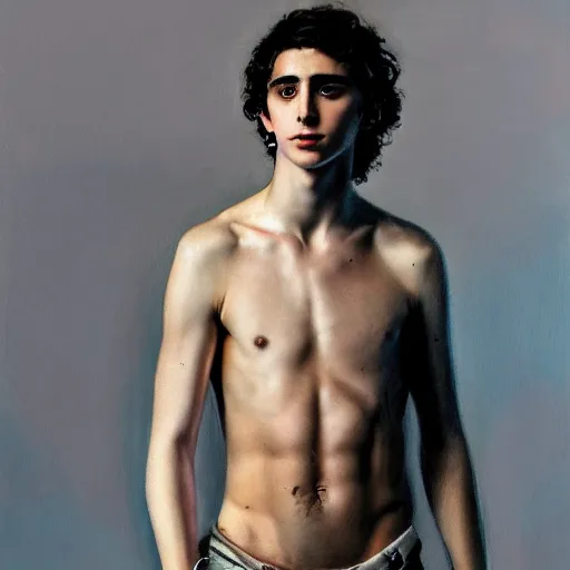 Prompt: a portrait of timothee chalamet as a shirtless muscular knight, oil painting, pale colors, high detail, 8 k, wide angle, trending on artstation,