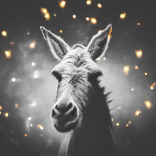 Prompt: “exploding fireworks in the night sky raining down embers and sparks and brightly burning pieces falling from the sky, a pale donkey stands in a field in the darkness. Photography. Flash photo. Cursed image.”