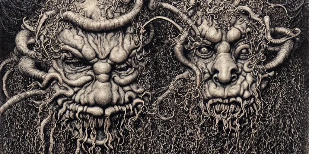 Image similar to detailed realistic krampus tyrolean farmer hay monster face portrait by jean delville, gustave dore, iris van herpen and marco mazzoni, art forms of nature by ernst haeckel, art nouveau, symbolist, visionary, gothic, neo - gothic, pre - raphaelite, fractal lace, biodiversity, surreality, hyperdetailed ultrasharp octane render