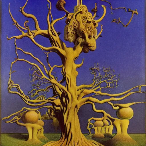 Prompt: Oak of shame, by Bekzinsky, by Salvador Dali, by Antoni Gaudi, by Maxfield Parrish, by Nicholas Roerich, by H.R. Giger