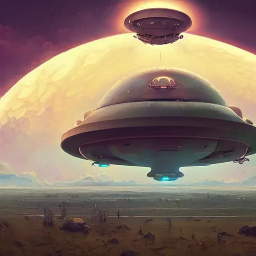 Prompt: a digital painting of a gigantic big enormous ufo spaceship in the sky on earth concept art by simon stalenhag and peter mohrbacher cgsociety, speedpainting, apocalypse art. unreal engine. hyper - realistic. photo realistic. 3 d render. octane render. detailed masterpiece. extreme wide shot.