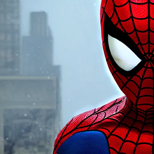 Image similar to Peter Parker as Spiderman , wet face , heavy rain ,dramatic, intricate, highly detailed, concept art, smooth, sharp focus, illustration, Unreal Engine 5, 8K