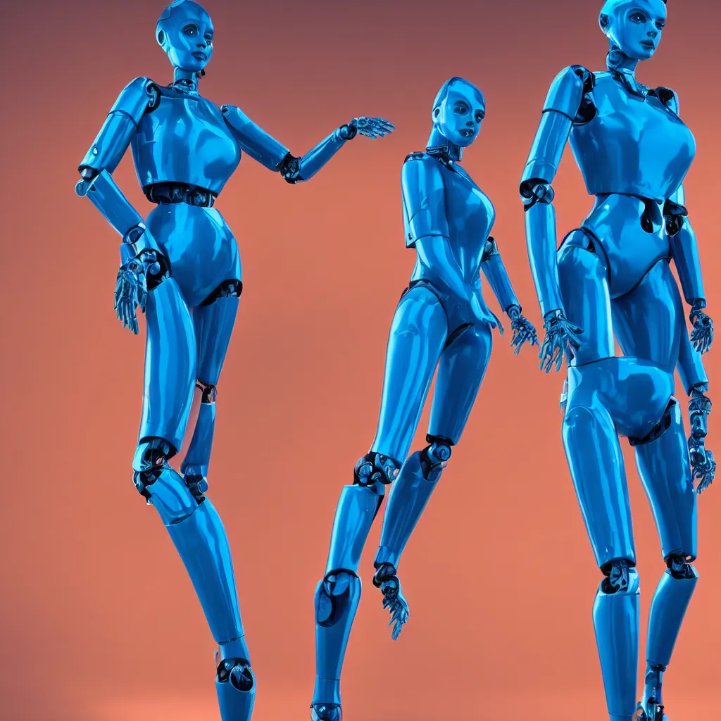 Prompt: a beautiful female robot human hybrid wearing a blue latex jumpsuit, circuitry glowing through the suit like tron, face, torso, legs, feet, epic angle, octane render, photo realistic, hyper realistic, 8 k resolution in the style of alvin schwartz