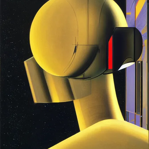 Image similar to portrait headshot of sci fi human explorer, melancholic complex flat geometric minimalism by oskar schlemmer, moebius, john berkey, oil on canvas, portrait facial head, featured on artstation, hd wallpaper, anime art nouveau cosmic display