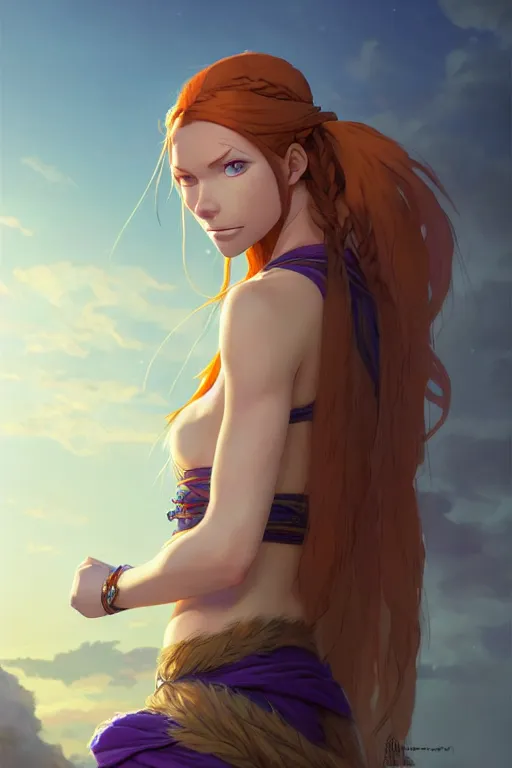 Image similar to long ginger hair, tanned woman in a prehistoric outfit, green eyes, by artgerm, hair tied in a ponytail, white backdrop, soft lighting, blue and purple colors, by greg rutkowski makoto shinkai takashi takeuchi